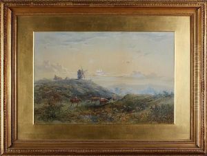 Landscape With Windmill On The Horizon Andcattle Herded By A Man On Horseback by Henry Earp