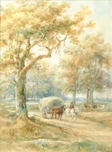 Snr. A Wooded Landscapewith A 
Hay Cart Passing Cattle With A Town In Thedisctancewatercolour And 
Bodycolour
