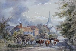 Drover And Cattle On A Village Street by Henry Earp
