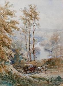 Cart Horse Team On A Country Lane Beside A River, Signed Lower Right by Henry Earp