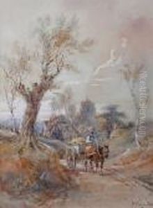 Figure Driving A Horse And Cart 
On A Country Lane, A Church In The Mid Distance, Signed Lower Right