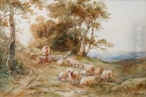 Shepherd With Flock Grazing Beside A Fallen Tree, Signed Lower Right
