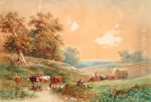 Figures With A Horse And Cart And Cattle Watering By A Stream