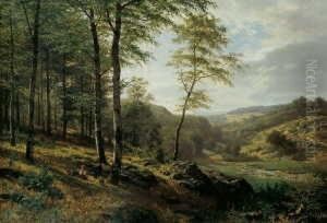 Bewaldete Mittelgebirgslandschaft (vogelsberg) Mit Beerensammelnden Kindern.