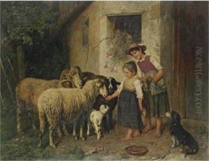 Bei Den Schafen (feeding The Sheep) by Adolf Eberle
