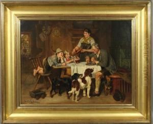 Outstanding Interior Scene With Family,children, Three Dogs by Adolf Eberle