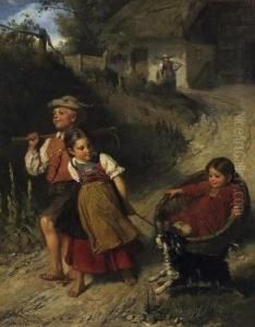 Playing Farmers' Children On
Their Way Into The Fields. Signed And Dated Lower Left: Adolf Eberle
Munchen 1871 by Adolf Eberle
