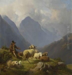 Rastender Hirtenknabe Mit Ruhenden Schafen In Gebirgslandschaft. by Robert Eberle