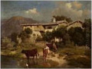 Farmhouse With Cows by Robert Eberle