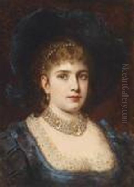 Portrait Of A Lady In A Blue Dress With Hat - view 1