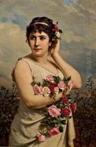 Portrat Einer Dame Mit Rosen by Anton Ebert