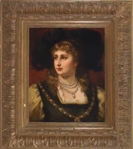Portrait Einer Jungen 
Blondgelockten Dame Im Historischen Kostum Vor Rotlichem Hintergrund