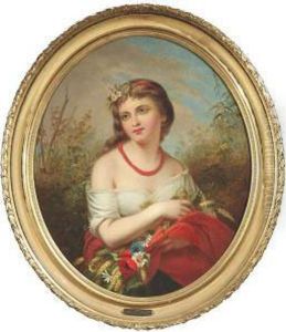 "l'ete". A Girl Decorated With Flowers In Front Of A Blooming Field by Anton Ebert