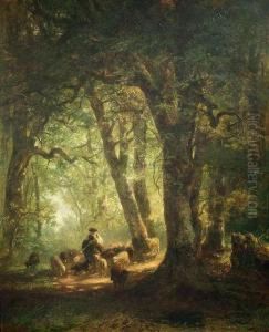 Woods Inside With Aherdsman And His Flock by Carl Ebert