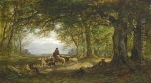 Waldlandschaft Mit Hirtin Und
 Schafherde. by Carl Ebert