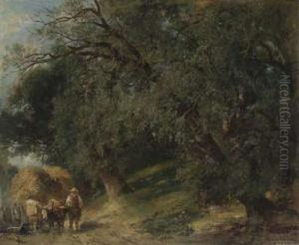 Bauer Mit Heufuhrwerk Am Waldrand - view 1