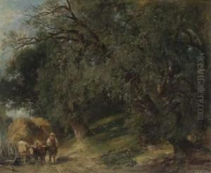 Bauer Mit Heufuhrwerk Am Waldrand by Carl Ebert