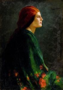 Portret Zeny V Cervenej Satke Zprofilu by Lajos Deak Ebner