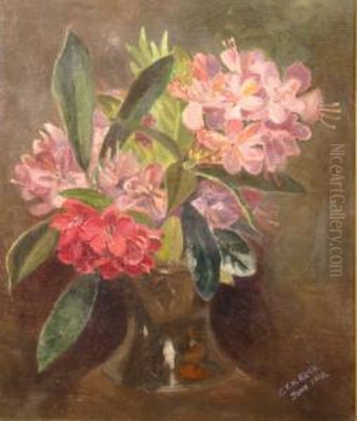 A Still Life Of Magenta Rhododendrons In A Vase - view 1