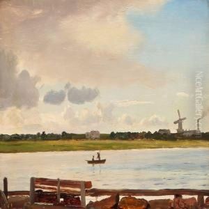Danish Landscape With Inlet, In The Background A Mill by Christian Eckardt