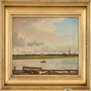 A Landscape Scenery With Lake, In The Background A Mill. Signed. C. Eck A Landscape Scenery With Lake, In The Background A Mill. Signed. C. Eck