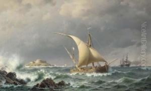 Latvian Coastal Craft And A 
Paddle Steamer In The Bay Of Riga, Witha Fortified Island Beyond