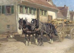 A Horse-drawn Vehicle In Front Of A Tavern by Friedrich Eckenfelder