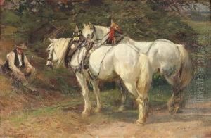 Eckenfelder, Friedrich. A Farmer And Two Horses Resting by Friedrich Eckenfelder