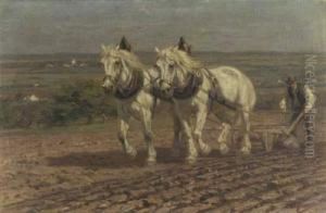 Pflugender Bauer Mit Schimmelgespann In Hugeliger Landschaft by Friedrich Eckenfelder