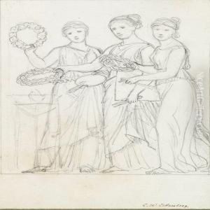 Three Women In Classic Dresses 
Symbolizing The Three Artforms At The Academy Of Fine Arts