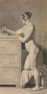 A Female Nude, Kneeling On A Chair, Admiring A Pearl Necklace by Christoffer Wilhelm Eckersberg