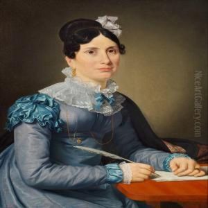 A Portrait Of Sarahwolff Nee Cruttendon In A Blue Dress, Writing A Letter by Christoffer Wilhelm Eckersberg