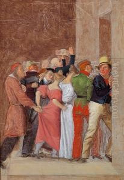 A Group Of People Trying To Get Through A Door - view 1