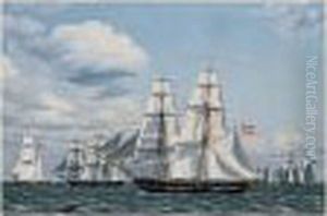 Adskillige Kobmandsskibe Som
Krydser Med Alle Sejl, Fortil En Dansk Orlogsbrig (merchant Ships
Crossing In Full Sail, A Danish Vessel In Front) by Christoffer Wilhelm Eckersberg