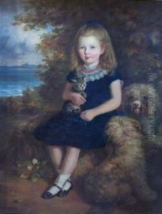 Portrait Study Of A Young Girl With A Kitten And Two Dogs