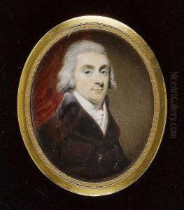 A Gentleman, Wearing Brown Coat,
White Waistcoat, Frilled Chemise, Stock And Red Solitaire. by Henry Edridge