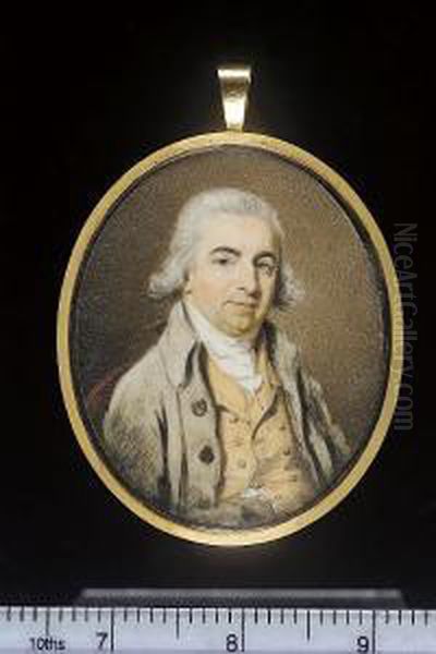 A Gentleman, Seated On An
Upholstered Chair, Wearing Pale Green Coat, His Hand Tucked Inside His
Ochre-coloured Waistcoat, His Hair Powdered And Worn - view 1