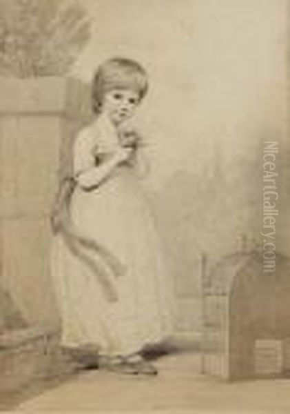 Portrait Of Miss Morice The Younger, In A Dress And A Sash Holdinga Bird - view 1