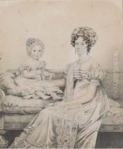 Portrait Of A Mother And Child, 
Said To Be Rebe Lowndes And Rebe Mary Lowndes, Seated On A Regency Sofa,
 The Child Holding A Rattle by Henry Edridge