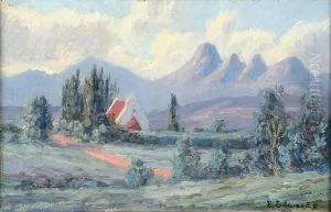 A South African Landscape With A House And Mountains In The Distance by Edward Edwards
