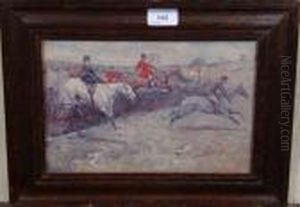 Scene Of An Early 20thc Hunt At
Gallop Including A Lady Riding Sidesaddle Jumping A Fence On A Grey. by Lionel Louis Edwards