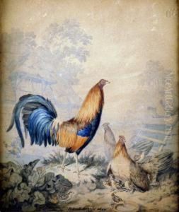 A Proud Cockerel, With His Hens And Chicks by Sydenham Teast Edwards