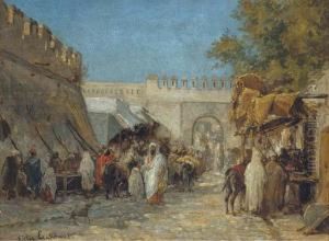 Arabs In A Bustling Bazaar by Victor Eeckhout