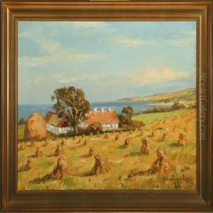Harvest With Farm A View Over Inlet by Mogens Ege
