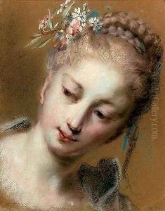 Tete de jeune fille avec des fleurs dans ses cheveux tresses by Rosalba Carriera