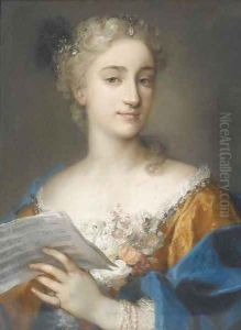 Portrait of a woman, bust-length, holding a musical score