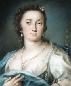 Portrait of a lady, bust-length, in a silver dress with a blue shawl by Rosalba Carriera