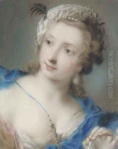 Portrait of a girl looking to the left, bust-length, wearing a blue mantle by Rosalba Carriera