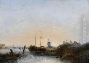 A Dutch Winter Scene With Barges And Skaters Near A Windmill. by Egidius Linnig