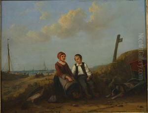 Twee Kinderen Op Het Strand. by Egidius Linnig